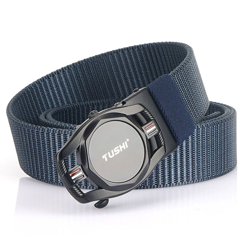 Automatic Men's Leather Belt Toothless Alloy Buckle Nylon Braided Belt Outdoor Tactical Casual Canvas Belt