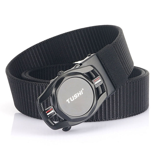 Automatic Men's Leather Belt Toothless Alloy Buckle Nylon Braided Belt Outdoor Tactical Casual Canvas Belt