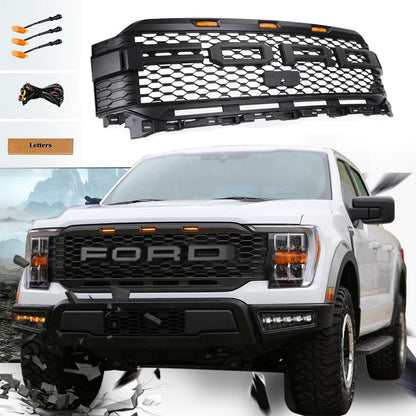 Grill For 2021 2022 2023 Ford f150 Raptor Grill Replacement W/LED Lights & Letters Matte Black