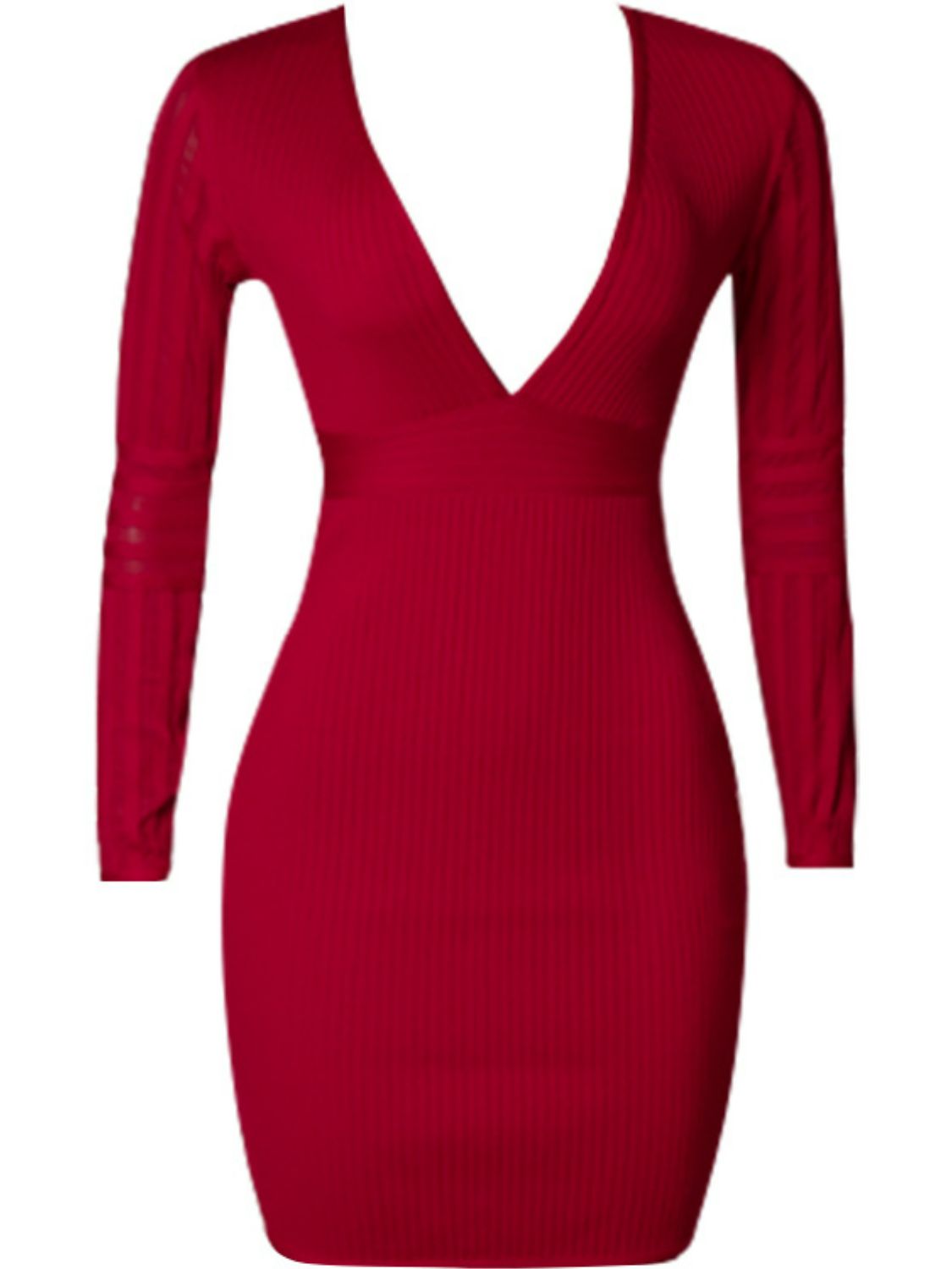 Ribbed Deep V Long Sleeve Mini Bandage Dress -  LOOCK MAKET