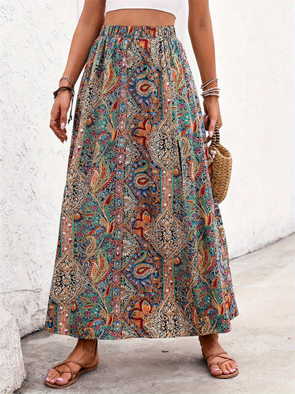 Slit Printed Elastic Waist Skirt -  LOOCK MAKET