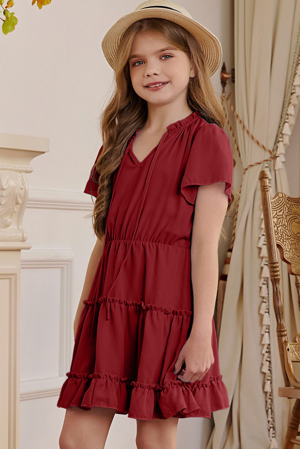 Girls Frilled Notched Neck Puff Sleeve Dress -  LOOCK MAKET