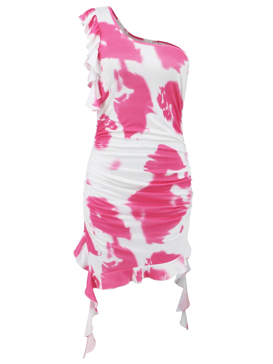 Ruffled Tie-Dye Single Shoulder Mini Dress -  LOOCK MAKET