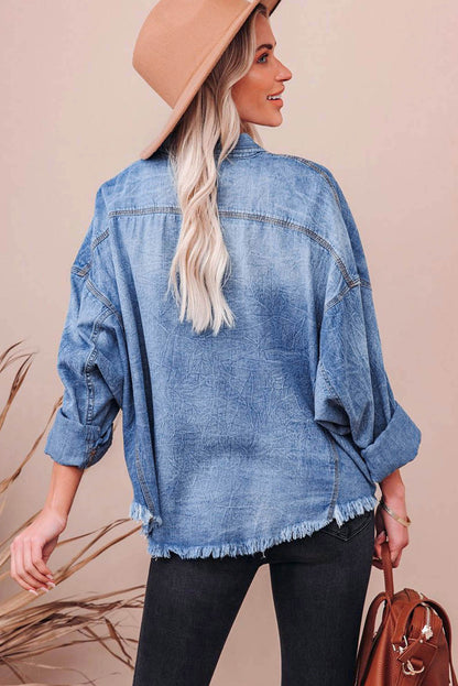 Raw Hem Sequin Football Long Sleeve Denim Jacket -  LOOCK MAKET