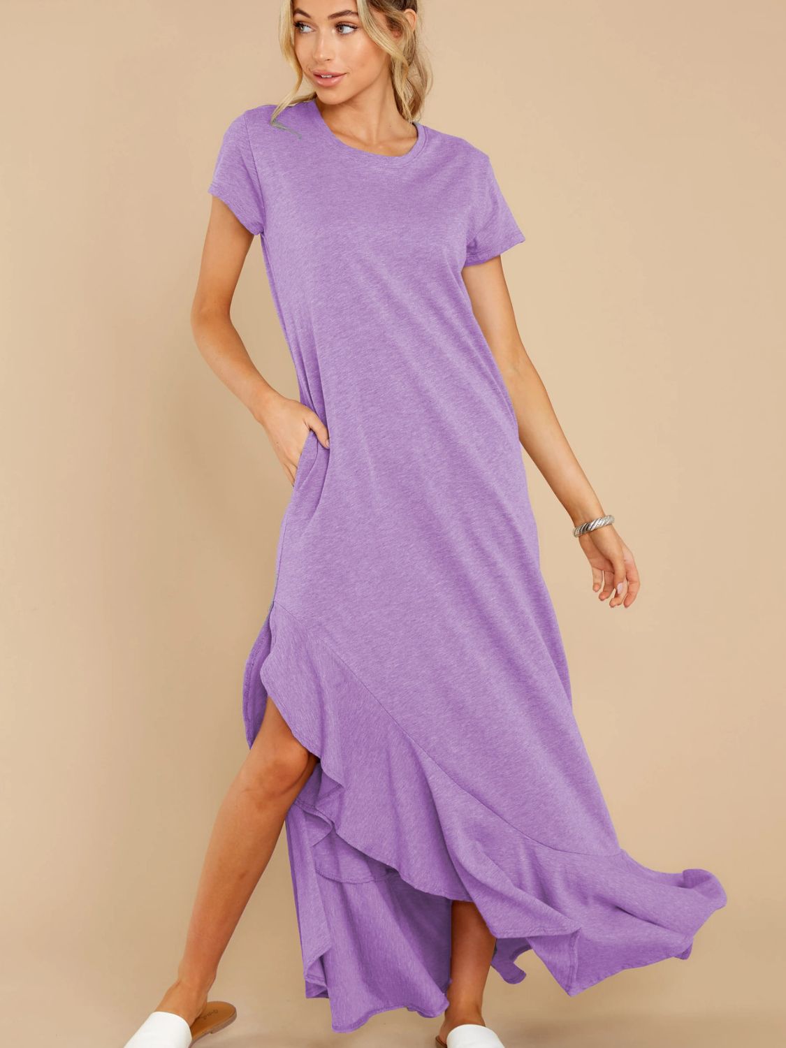 Slit Round Neck Short Sleeve Maxi Dress -  LOOCK MAKET