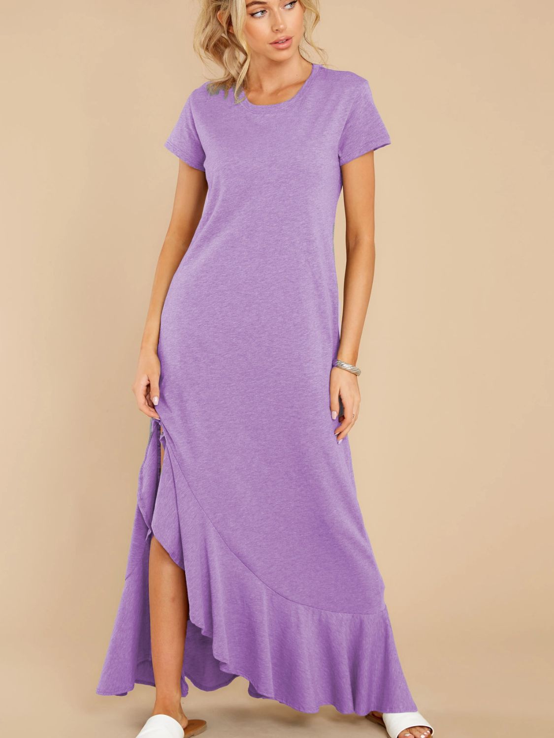 Slit Round Neck Short Sleeve Maxi Dress -  LOOCK MAKET