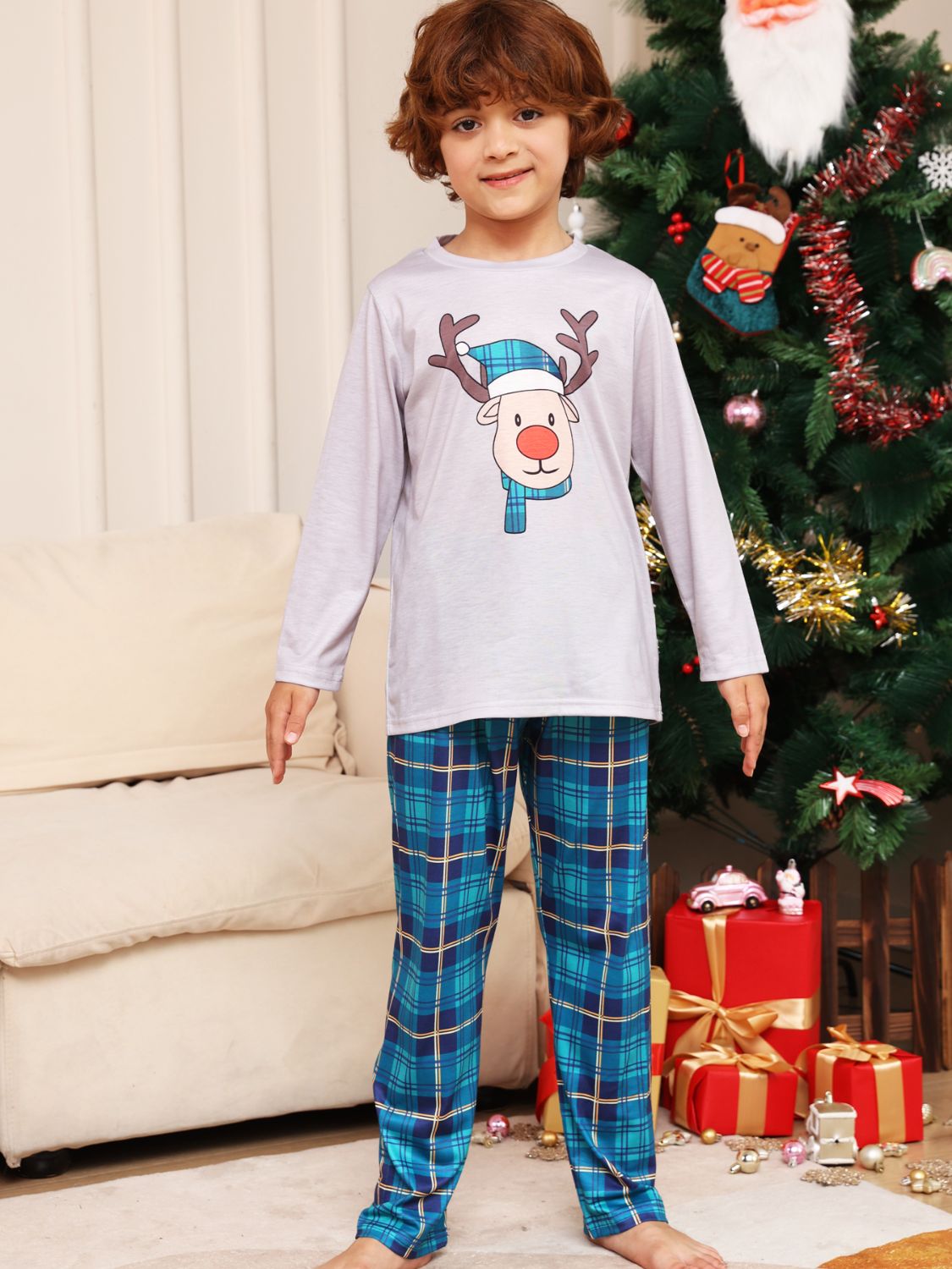 Rudolph Graphic Long Sleeve Top and Plaid Pants Set -  LOOCK MAKET