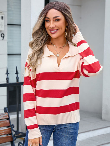 Striped Johnny Collar Knit Top -  LOOCK MAKET