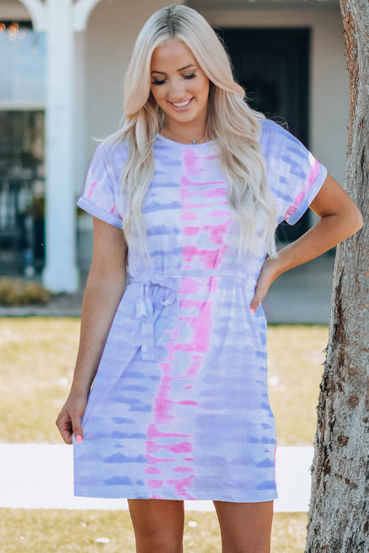 Women Tie-Dye Belted T-Shirt Dress -  LOOCK MAKET