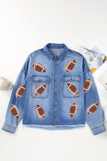 Raw Hem Sequin Football Long Sleeve Denim Jacket -  LOOCK MAKET