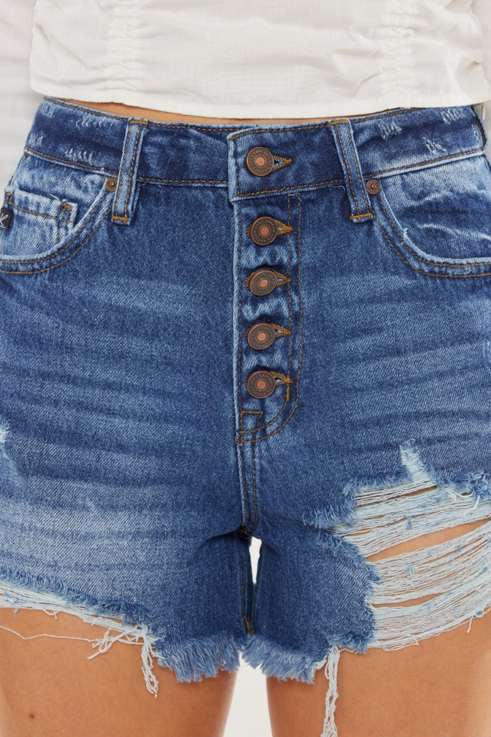 Kancan Distressed Button-Fly High Waist Denim Shorts -  LOOCK MAKET