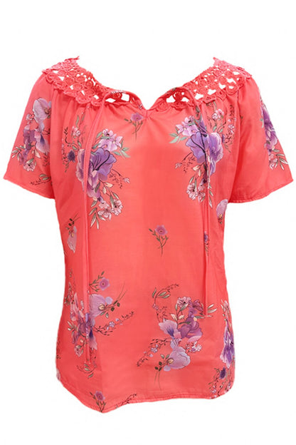 Full Size Printed Tie Neck Short Sleeve Blouse -  LOOCK MAKET