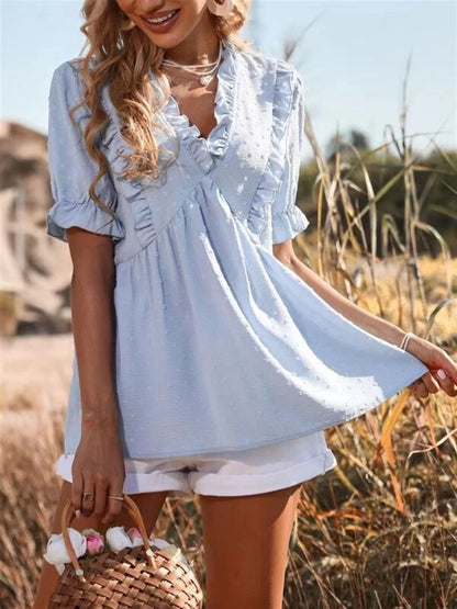 Frill V-Neck Short Sleeve Blouse -  LOOCK MAKET