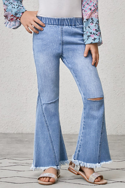 Girls Distressed Frayed Trim Flare Jeans -  LOOCK MAKET