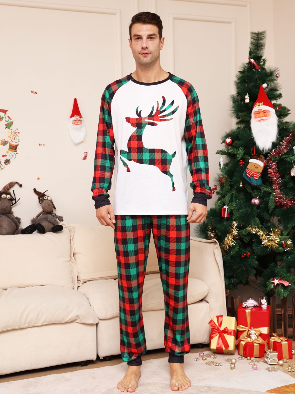 Full Size Reindeer Graphic Top and Plaid Pants Set -  LOOCK MAKET