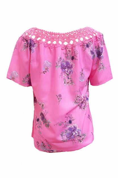 Full Size Printed Tie Neck Short Sleeve Blouse -  LOOCK MAKET