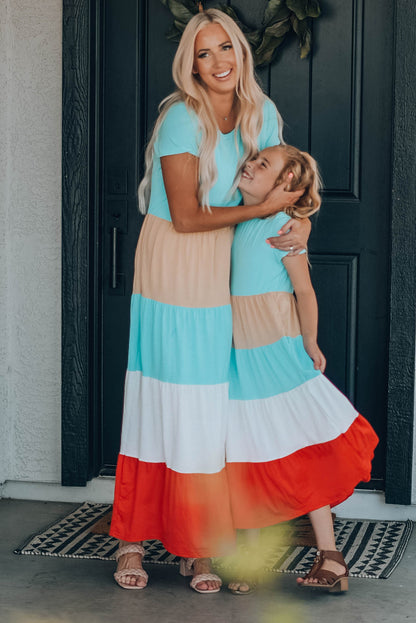 Girls Color Block Round Neck Maxi Dress -  LOOCK MAKET