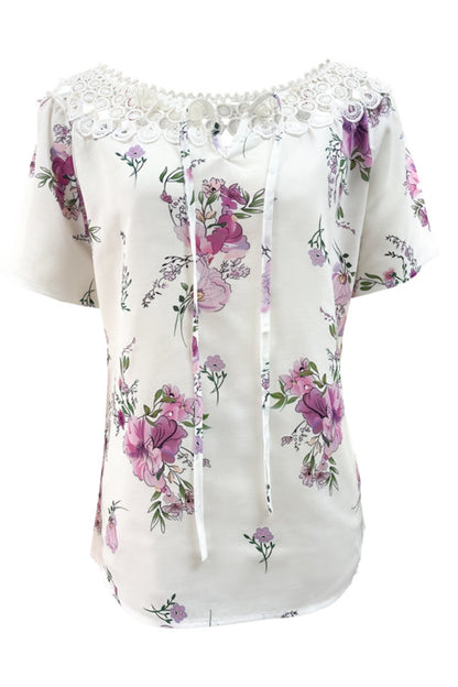 Full Size Printed Tie Neck Short Sleeve Blouse -  LOOCK MAKET