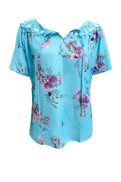 Full Size Printed Tie Neck Short Sleeve Blouse -  LOOCK MAKET