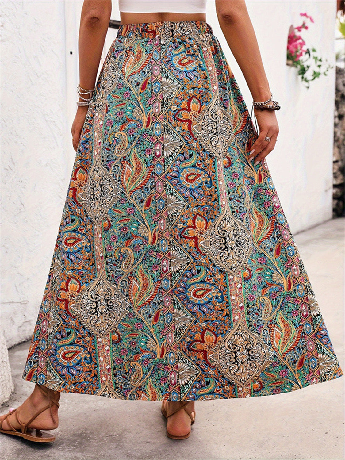 Slit Printed Elastic Waist Skirt -  LOOCK MAKET