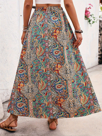 Slit Printed Elastic Waist Skirt -  LOOCK MAKET