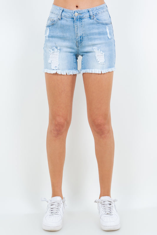 American Bazi High Waist Distressed Frayed Denim Shorts -  LOOCK MAKET