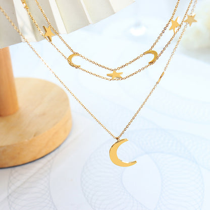 Star & Moon Titanium Steel Layered Necklace -  LOOCK MAKET