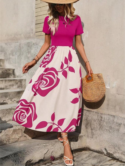 Rose Printed Round Neck Short Sleeve Dress -  LOOCK MAKET