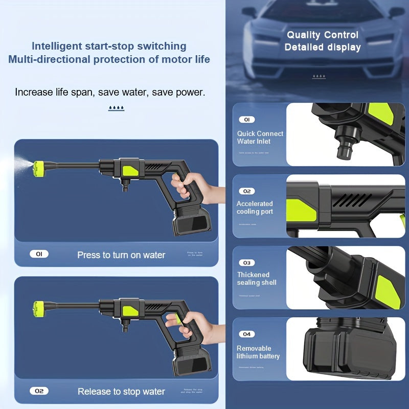 Cordless Pressure Washer Portable Pressure Cleaner Washer with 6in1 Nozzle 21V 30Ah Rechargeable Battery Pressure Washer with 5m Water Pipe High Pressure Washer Gun for Car Fence Floor Patio