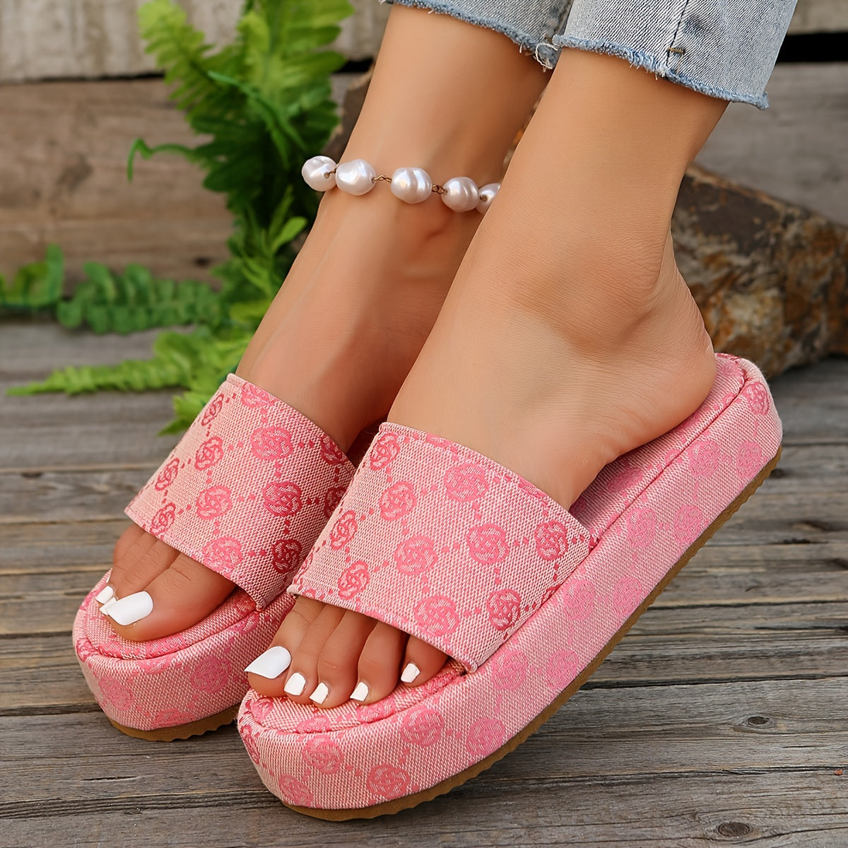 Womens Flower Pattern Platform Sandals Causal Open Toe Summer Shoes Comfortable Slip On Sandals