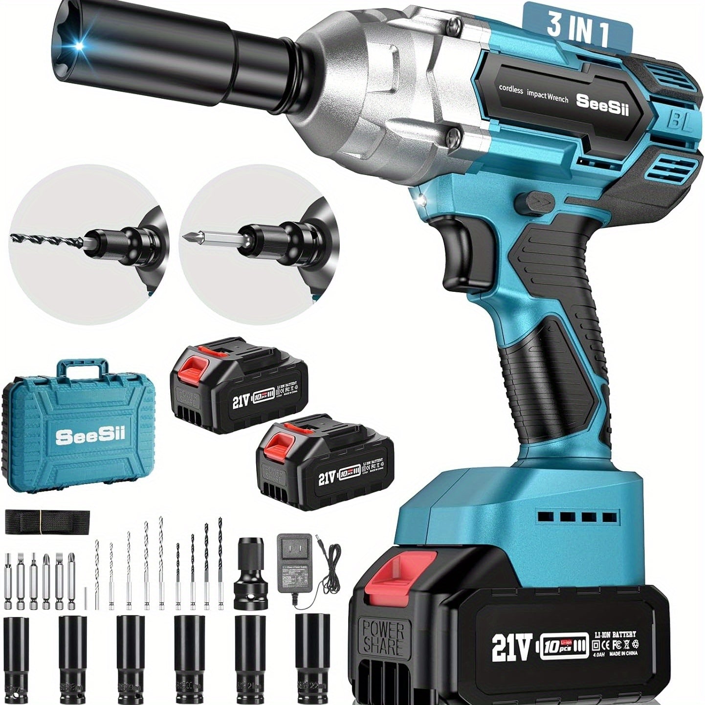 Seesii Brushless Power Impact Wrench Cordless 12 inch Max High Torque 479 Ftlbs 650Nm 3300RPM w 2x 40 Battery 6 Sockets 9 Drill 6 Screws for Car Home WH700