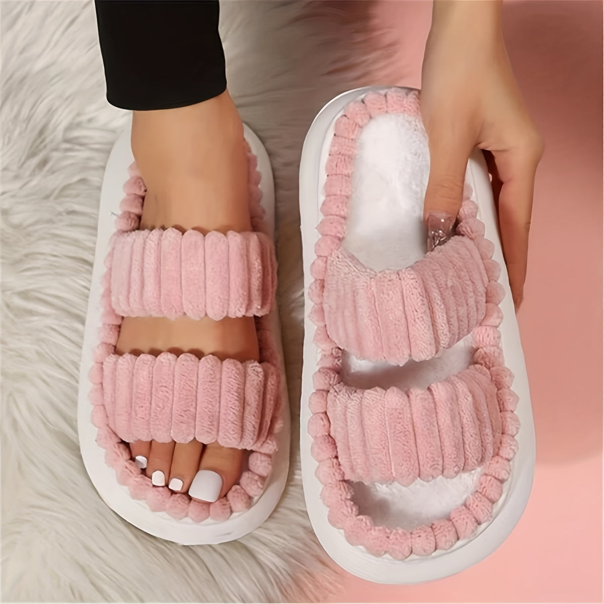 Womens Double Straps Plush Slippers Solid Color Open Toe Non Slip Comfy Slides Shoes Fashion Indoor Platform Slippers