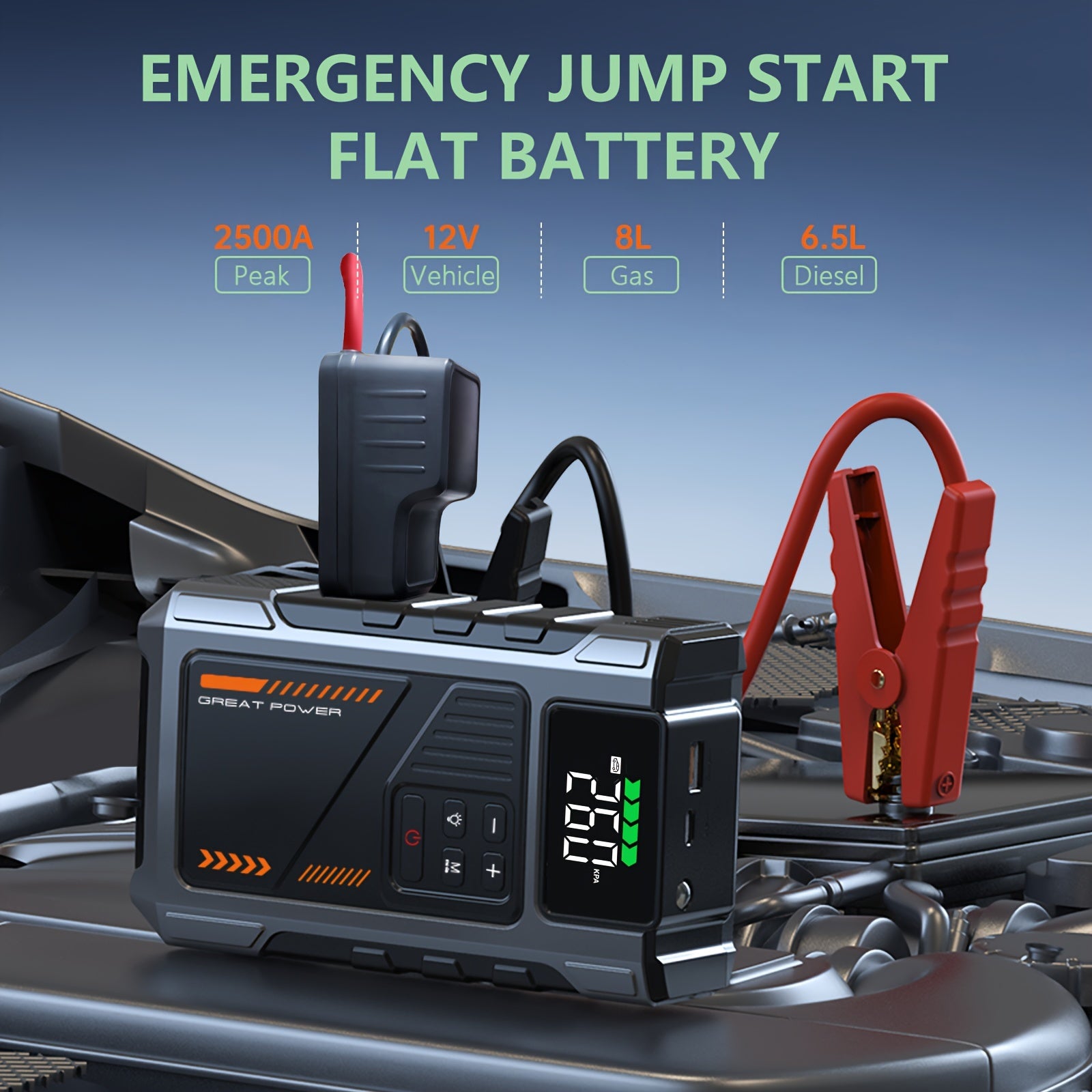 Portable Car Jump Starter With Air Compressor 2500A Peak211gal Gas 172gal Diesel With 150 PSI Tire Inflator 12V Car Battery Jump Power With LED Light W100