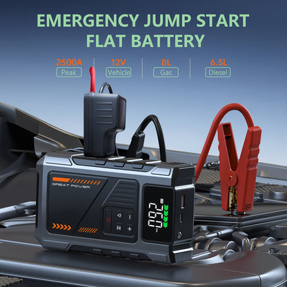 Portable Car Jump Starter With Air Compressor 2500A Peak211gal Gas 172gal Diesel With 150 PSI Tire Inflator 12V Car Battery Jump Power With LED Light W100