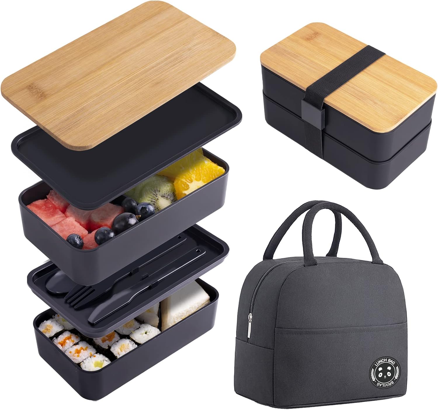 Black Bamboo Bento Box w Utensils  Bag