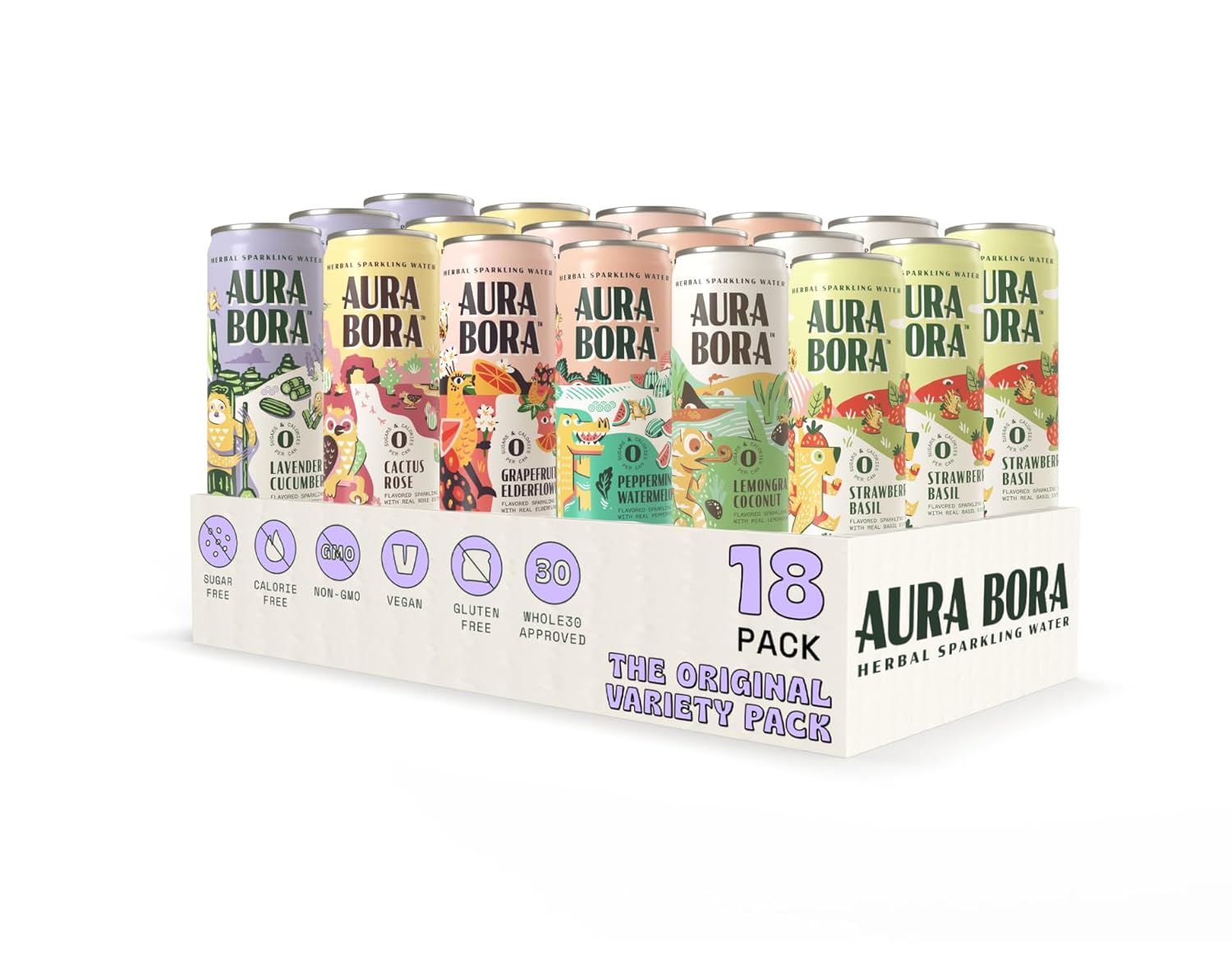 Aura Bora Herbal Sparkling Water Variety 12oz Cans 18 Pack