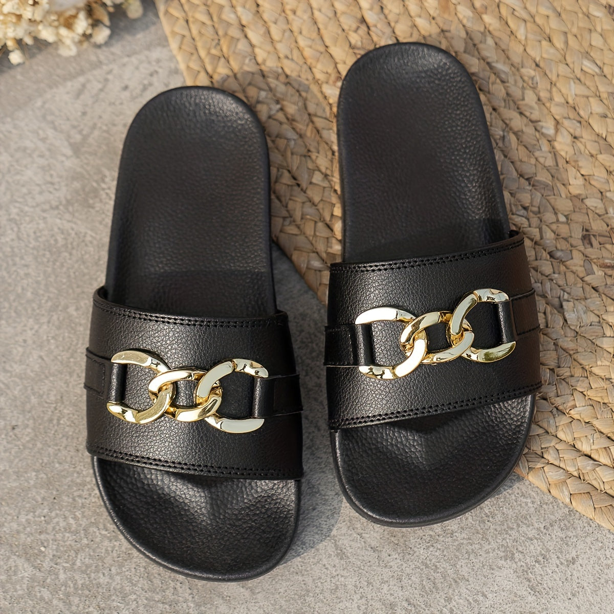 Womens Solid Color Stylish Slides Metallic Buckle Decor Soft Sole Lightweight Slip On Slides