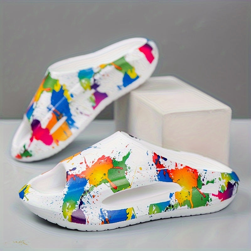 Womens Graffiti Pattern Slides Casual Open Toe Soft Sole Shoes Comfortable Summer Slides