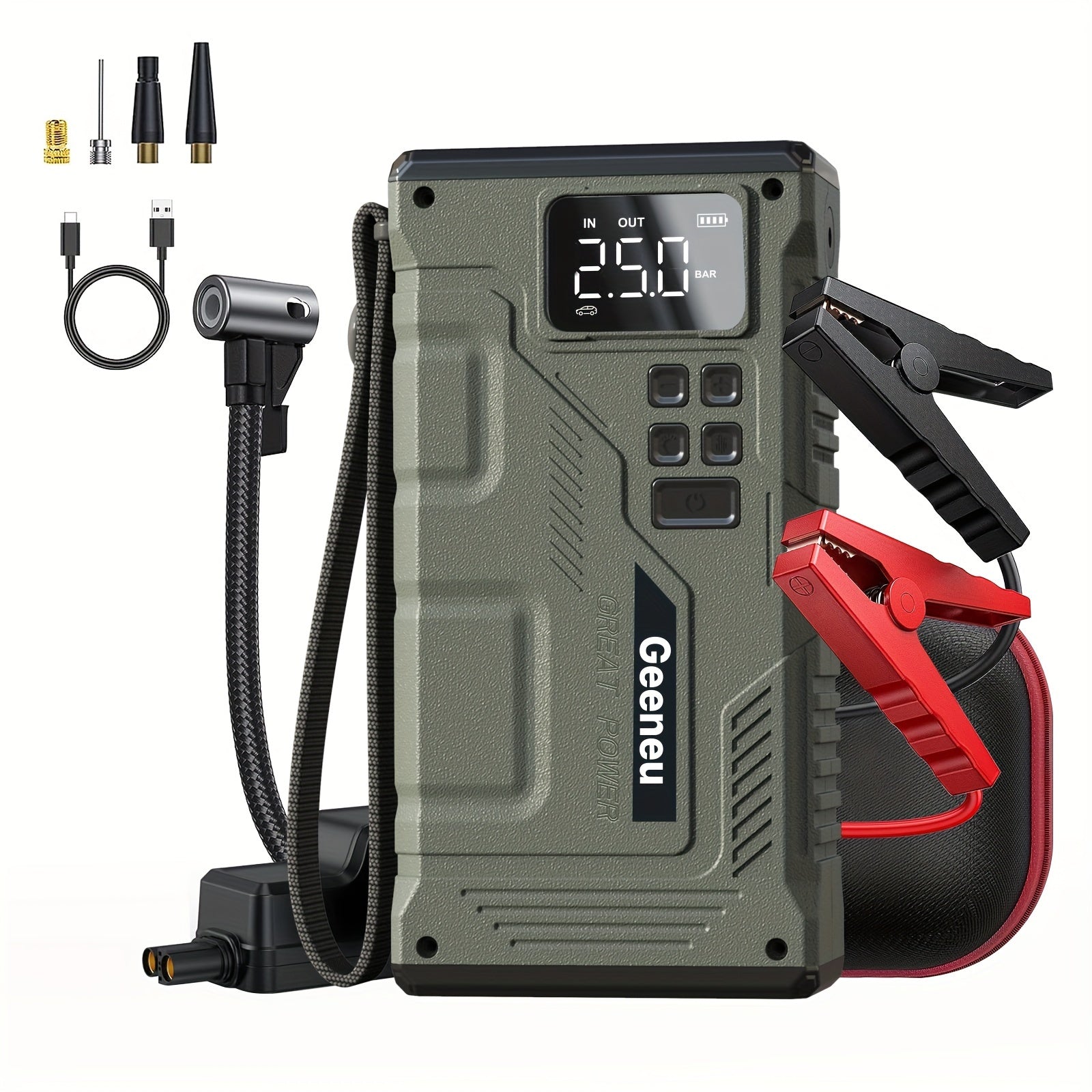 Portable Jump Starter with Air Compressor  Geeneu 2500A Car Battery Jump Box with 150PSI Digital Tire Inflator for 85L Gas70L Diesel 12V Battery Jumper Starter Power Pack Booster with Air Pump